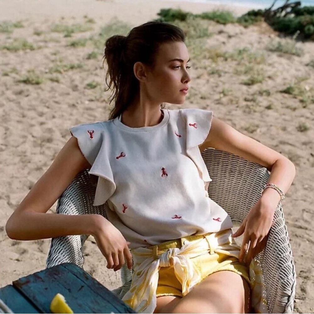 ANTHROPOLOGIE T.LA Lobster Embroidered Ruffle Sleeveless Sweatshirt